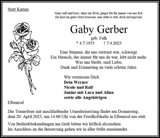 Traueranzeige von Gaby Gerber von VRM Trauer