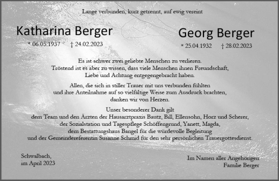 Traueranzeige von Georg Berger von Wetzlarer Neue Zeitung