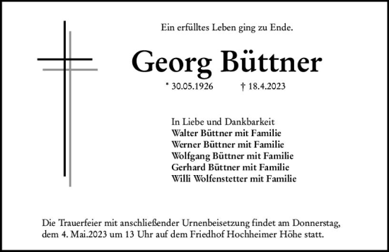Traueranzeige von Georg Büttner von Wormser Zeitung