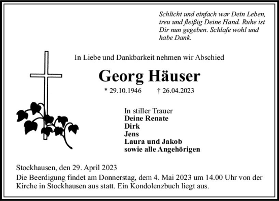 Traueranzeige von Georg Häuser von VRM Trauer