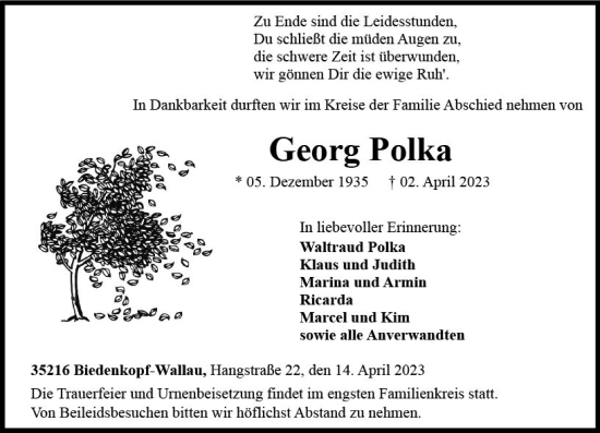 Traueranzeige von Georg Polka von Hinterländer Anzeiger