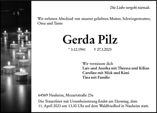 Traueranzeige von Gerda Pilz von Rüsselsheimer Echo