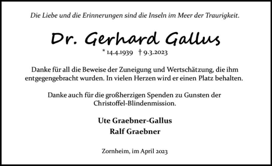 Traueranzeige von Gerhard Gallus von Allgemeine Zeitung Mainz