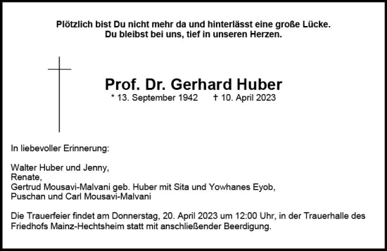 Traueranzeige von Gerhard Huber von Allgemeine Zeitung Mainz