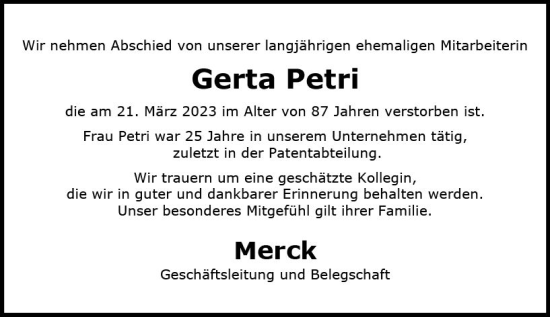 Traueranzeige von Gerta Petri von Darmstädter Echo