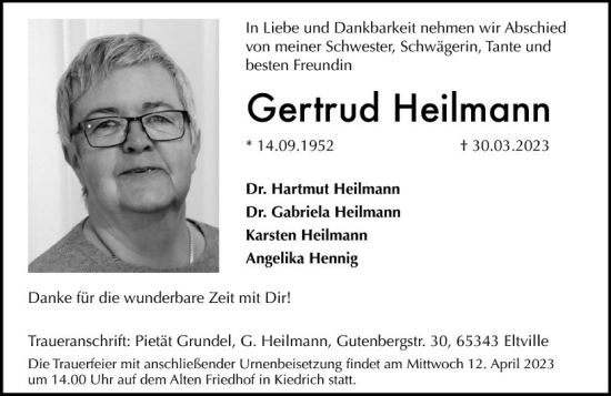Traueranzeige von Gertrud Heilmann von Rheingau Kurier