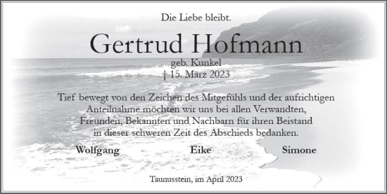 Traueranzeige von Gertrud Hofmann von Wiesbadener Kurier