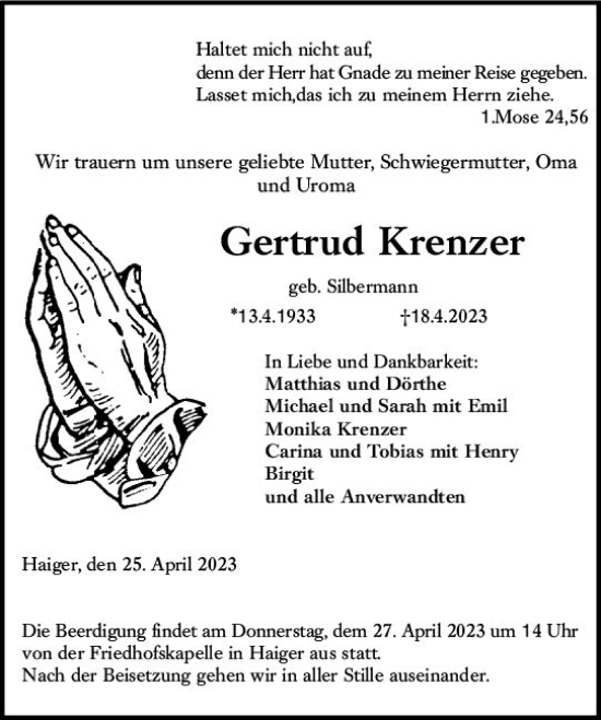 Traueranzeige von Gertrud Krenzer von Dill Block