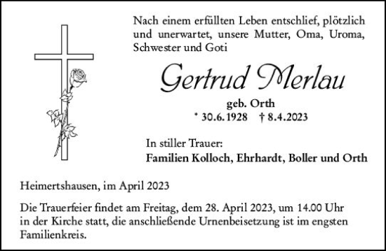 Traueranzeige von Gertrud Merlau von VRM Trauer