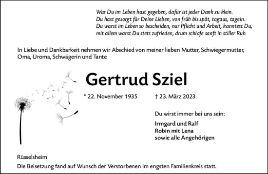 Traueranzeige von Gertrud Sziel von Rüsselsheimer Echo