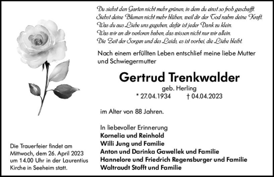 Traueranzeige von Gertrud Trenkwalder von Darmstädter Echo