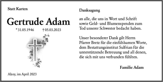 Traueranzeige von Gertrude Adam von Allgemeine Zeitung Alzey