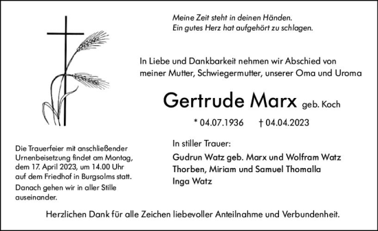 Traueranzeige von Gertrude Marx von Wetzlarer Neue Zeitung