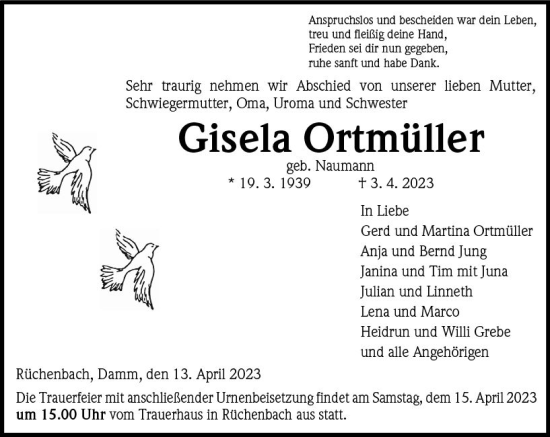 Traueranzeige von Gisela Ortmüller von Hinterländer Anzeiger