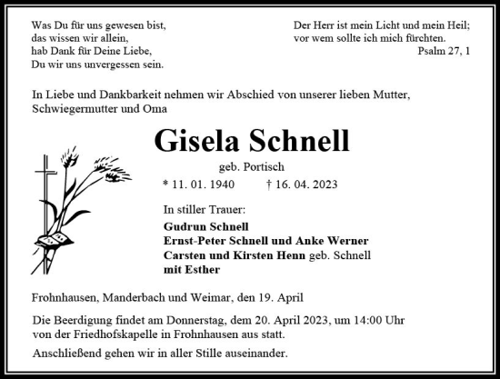 Traueranzeige von Gisela Schnell von Dill Block