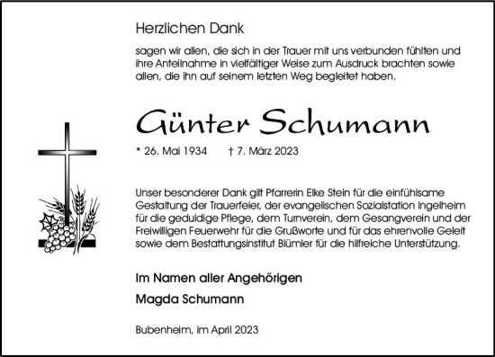 Traueranzeige von Günter Schumann von Allgemeine Zeitung Bingen/Ingelheim