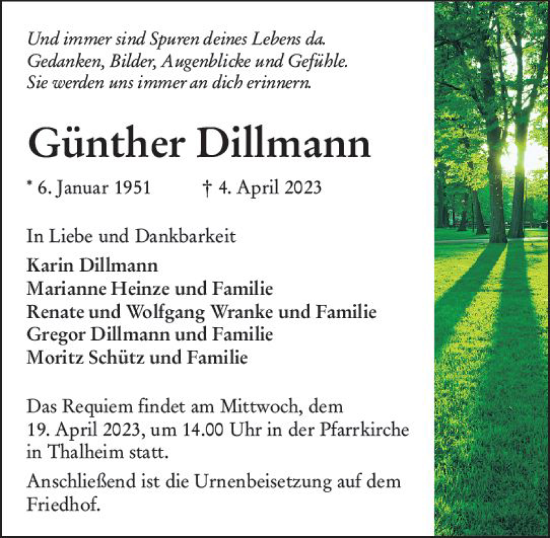 Traueranzeige von Günther Dillmann von Nassauische Neue Presse