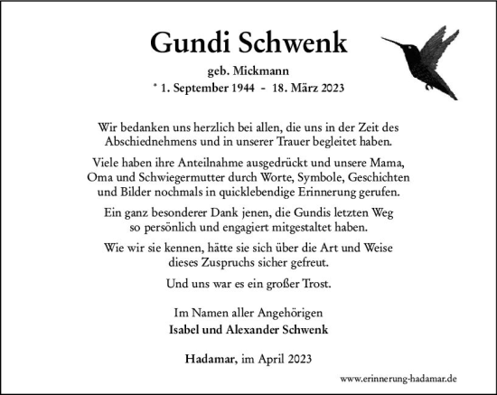 Traueranzeige von Gundi Schwenk von Nassauische Neue Presse