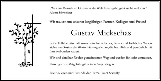 Traueranzeige von Gustav Mickschas von Wetzlarer Neue Zeitung
