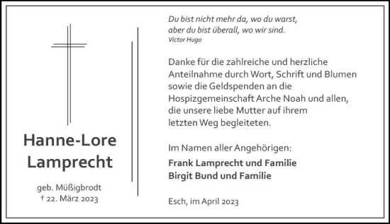 Traueranzeige von Hanne-Lore Lamprecht von Camberger Anzeiger