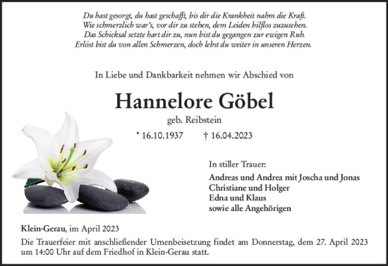 Traueranzeige von Hannelore Göbel von Groß-Gerauer Echo