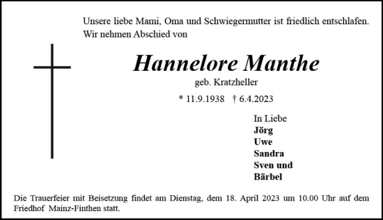 Traueranzeige von Hannelore Manthe von Allgemeine Zeitung Mainz