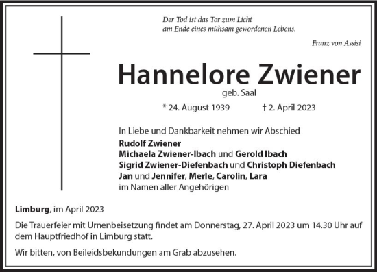 Traueranzeige von Hannelore Zwiener von Nassauische Neue Presse
