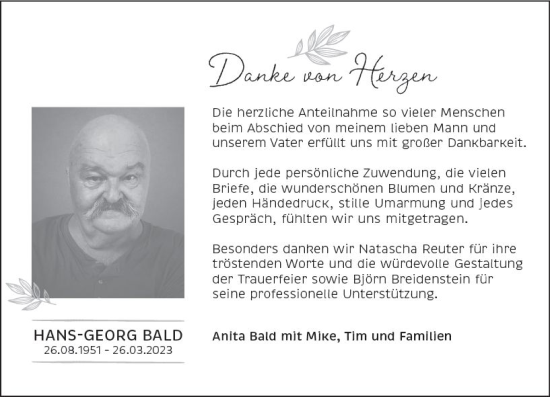 Traueranzeige von Hans-Georg Bald von Hinterländer Anzeiger