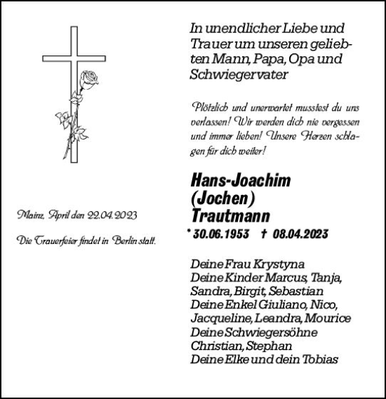 Traueranzeige von Hans-Joachim Trautmann von Allgemeine Zeitung Mainz