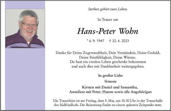 Traueranzeige von Hans-Peter Wohn von Wiesbadener Kurier