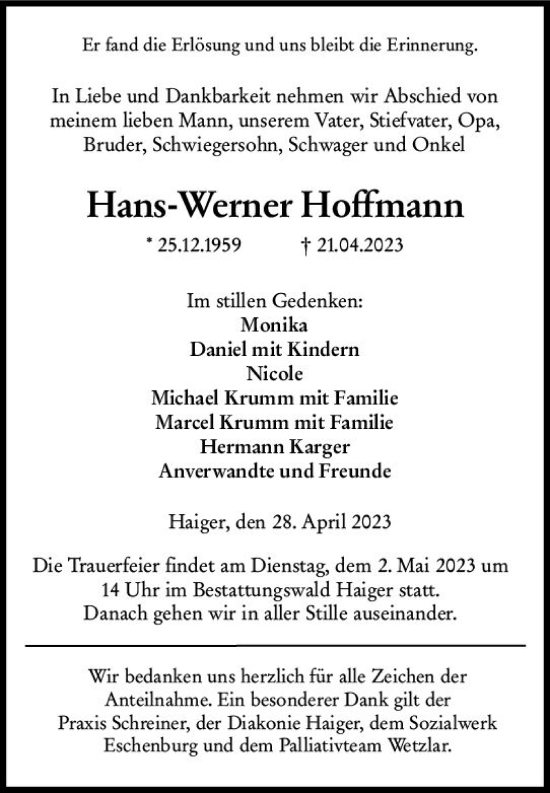 Traueranzeige von Hans-Werner Hoffmann von Dill Block