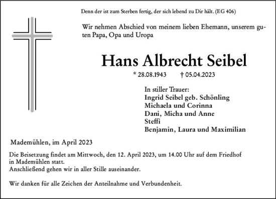 Traueranzeige von Hans Albrecht Seibel von Dill Block