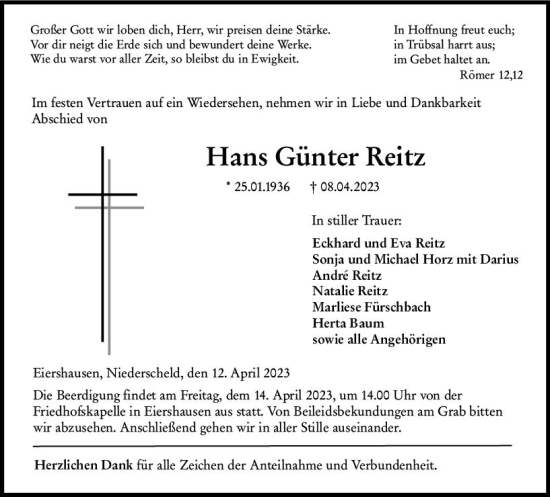Traueranzeige von Hans Günter Reitz von Dill Block