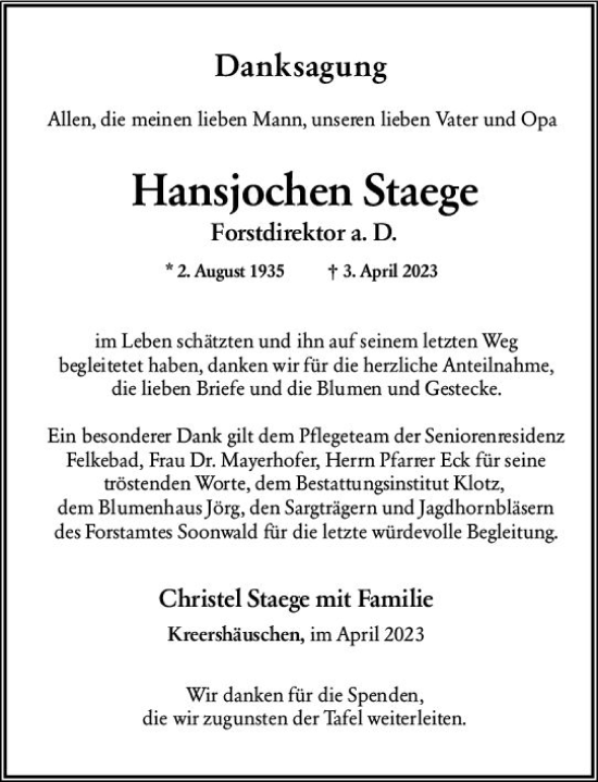 Traueranzeige von Hansjochen Staege von Allgemeine Zeitung Bad Kreuznach