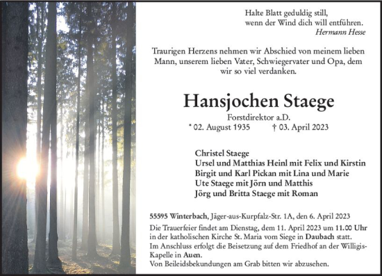 Traueranzeige von Hansjochen Staege von Allgemeine Zeitung Bad Kreuznach