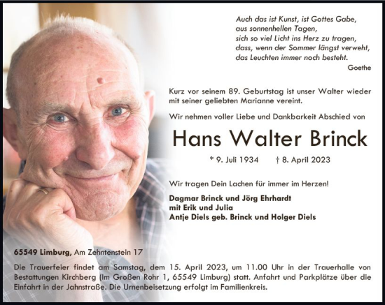 Traueranzeige von Hans Walter Brinck von Nassauische Neue Presse