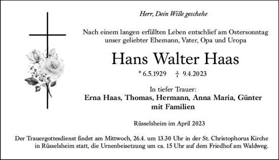 Traueranzeige von Hans Walter Haas von Rüsselsheimer Echo