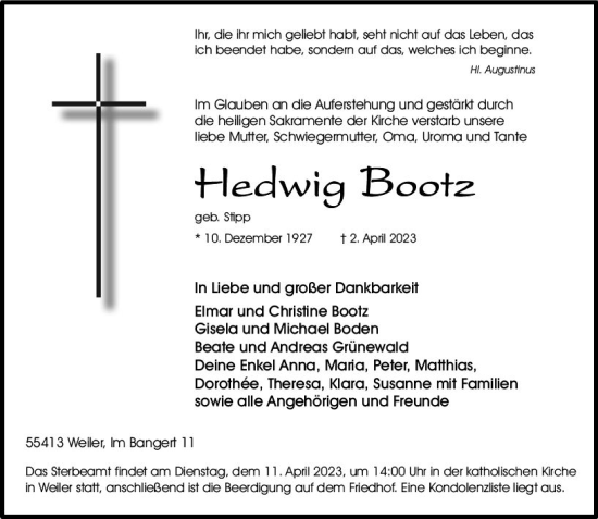Traueranzeige von Hedwig Bootz von Allgemeine Zeitung Bingen/Ingelheim