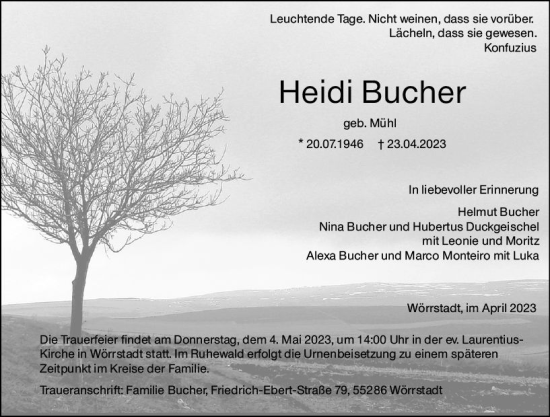 Traueranzeige von Heidi Bucher von Allgemeine Zeitung Alzey