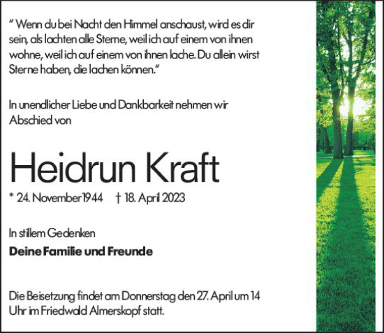 Traueranzeige von Heidrun Kraft von Weilburger Tageblatt