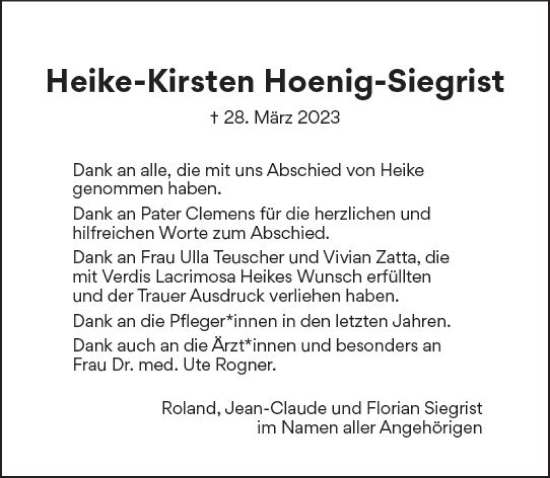 Traueranzeige von Heike-Kirsten Hoenig-Siegrist von Allgemeine Zeitung Mainz