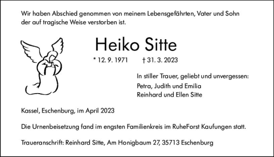 Traueranzeige von Heiko Sitte von Hinterländer Anzeiger