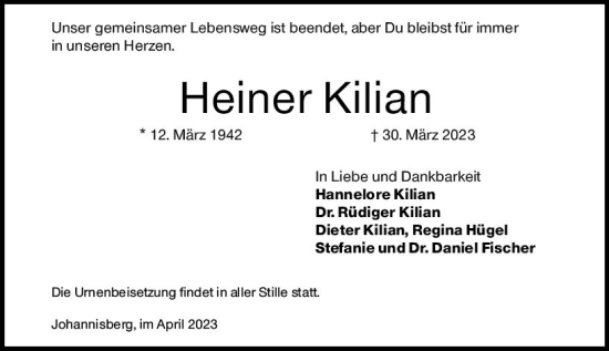 Traueranzeige von Heiner Kilian von Rheingau Kurier