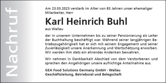 Traueranzeige von Heinrich Buhl von Hinterländer Anzeiger