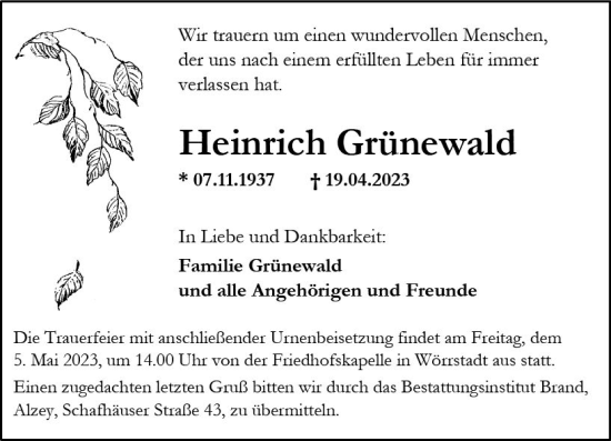 Traueranzeige von Heinrich Grünewald von Allgemeine Zeitung Alzey