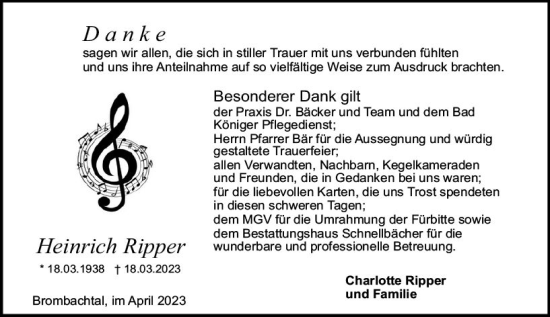 Traueranzeige von Heinrich Ripper von Odenwälder Echo