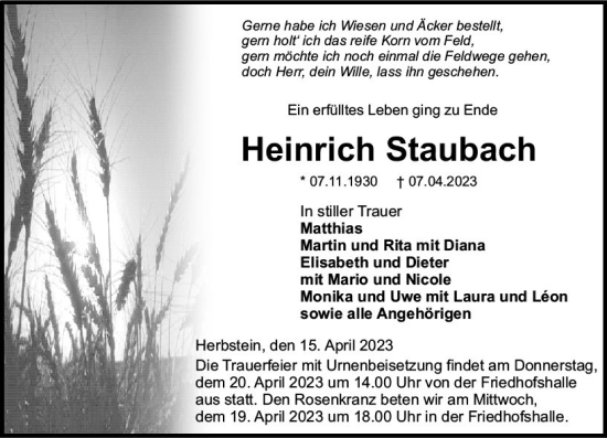 Traueranzeige von Heinrich Staubach von VRM Trauer