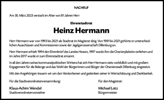 Traueranzeige von Heinz Hermann von Dill Block