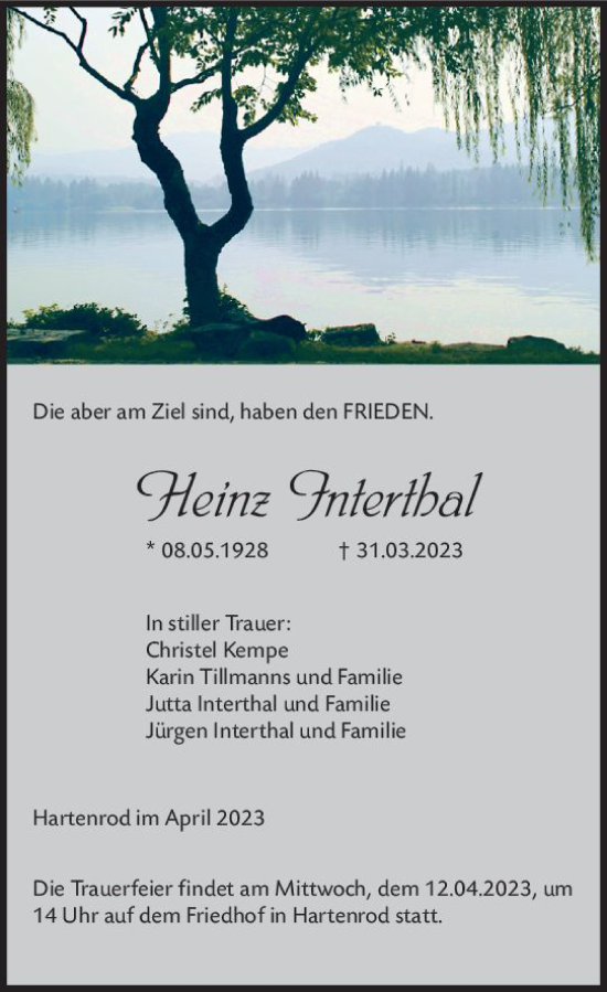 Traueranzeige von Heinz Interthal von Hinterländer Anzeiger