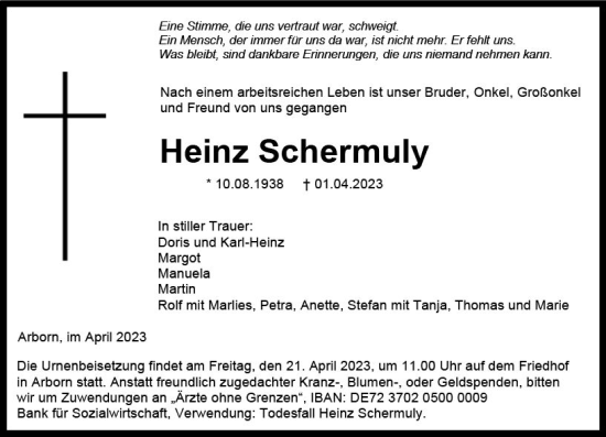 Traueranzeige von Heinz Schermuly von Dill Block